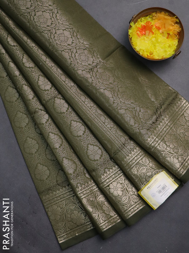 Semi soft silk saree sap green with allover zari woven brocade weaves -Without blouse