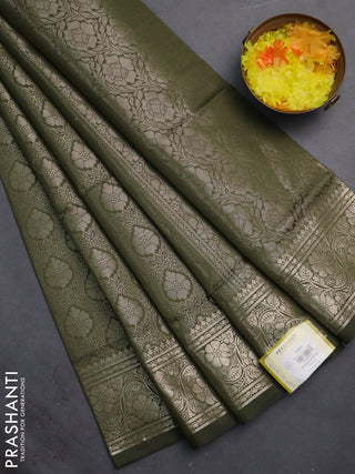 Semi soft silk saree sap green with allover zari woven brocade weaves -Without blouse