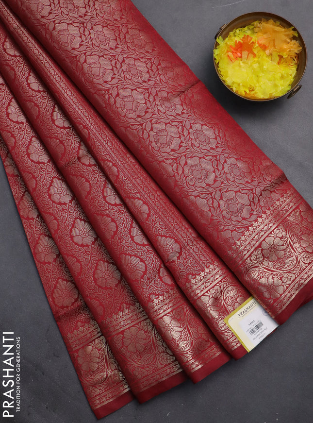 Semi soft silk saree maroon with allover zari woven brocade weaves -Without blouse