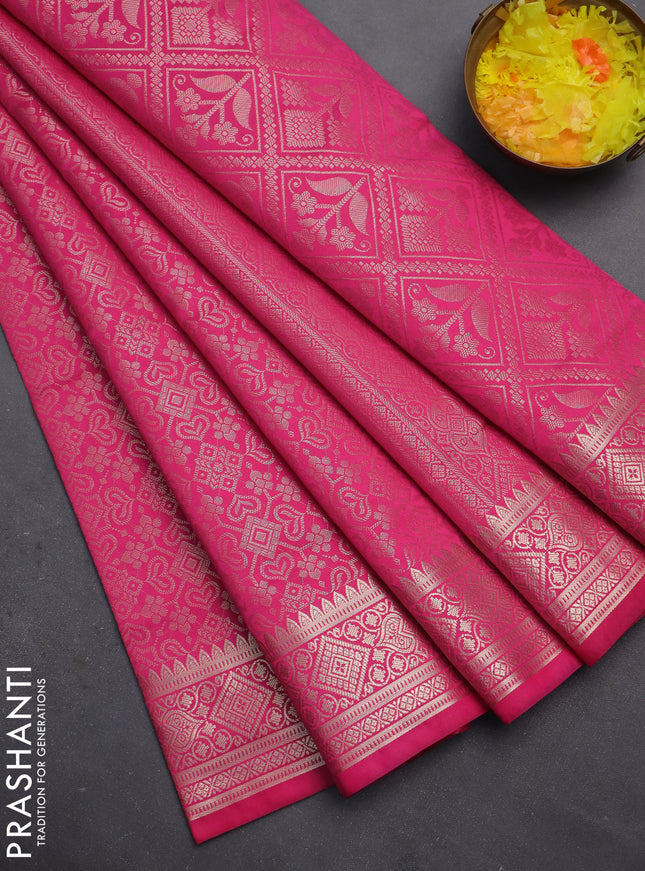 Semi soft silk saree pink with allover zari woven brocade weaves -Without blouse