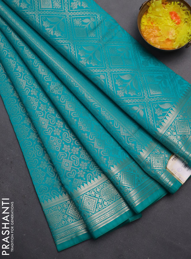 Semi soft silk saree teal blue with allover zari woven brocade weaves -Without blouse