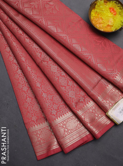 Semi soft silk saree peach pink with allover zari woven brocade weaves -Without blouse