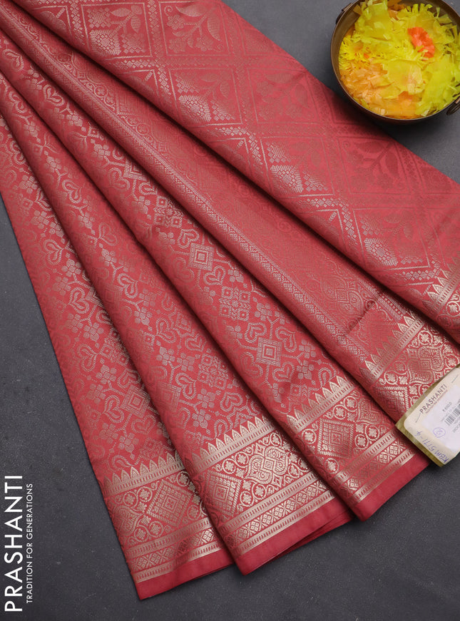 Semi soft silk saree peach pink with allover zari woven brocade weaves -Without blouse