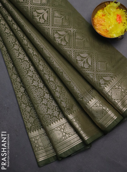 Semi soft silk saree sap green with allover zari woven brocade weaves -Without blouse