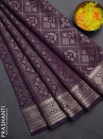 Semi soft silk saree deep jamun with allover zari woven brocade weaves -Without blouse