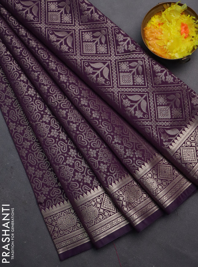 Semi soft silk saree deep jamun with allover zari woven brocade weaves -Without blouse