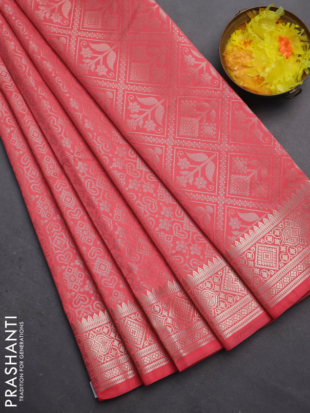 Semi soft silk saree peach pink with allover zari woven brocade weaves -Without blouse