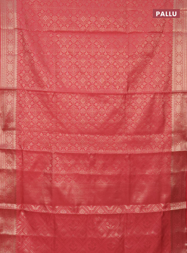 Semi soft silk saree peach pink with allover zari woven brocade weaves -Without blouse