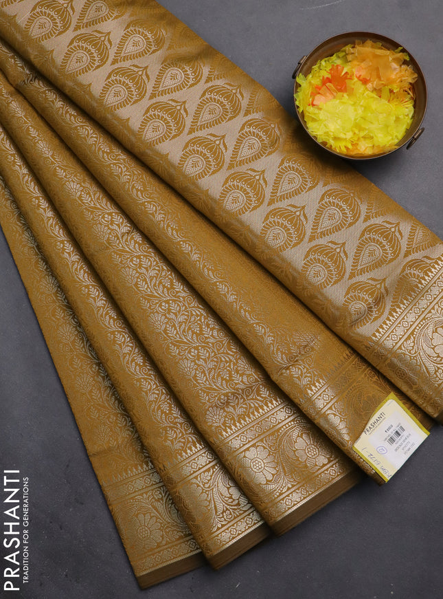 Semi soft silk saree mustard yellow with allover zari woven brocade weaves -Without blouse