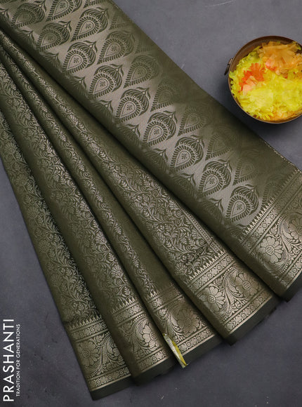 Semi soft silk saree sap green with allover zari woven brocade weaves -Without blouse