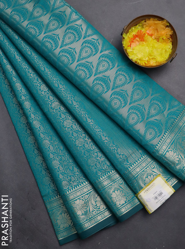 Semi soft silk saree teal blue with allover zari woven brocade weaves -Without blouse