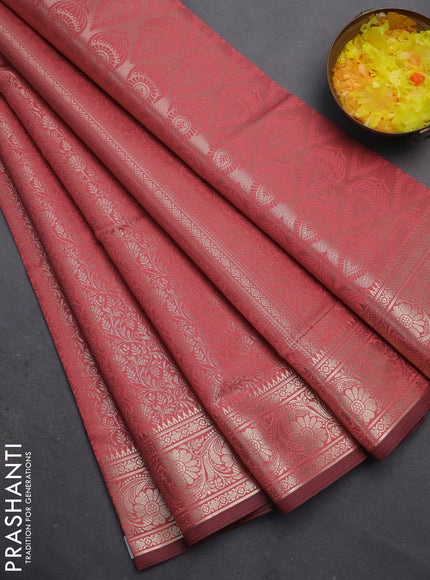 Semi soft silk saree peach pink with allover zari woven brocade weaves -Without blouse