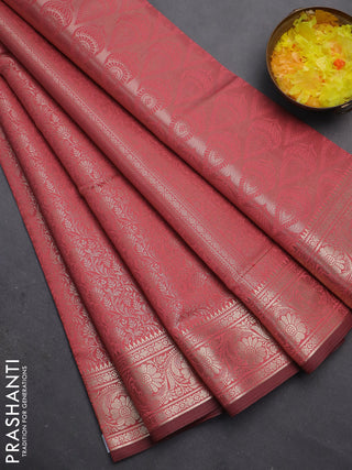 Semi soft silk saree peach pink with allover zari woven brocade weaves -Without blouse