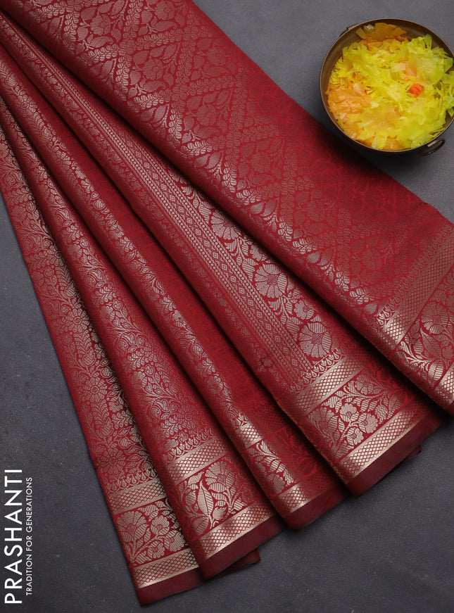 Semi soft silk saree maroon with allover zari woven brocade weaves -Without blouse