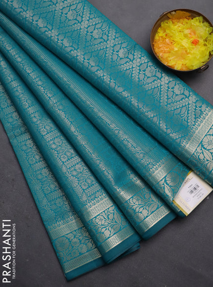 Semi soft silk saree teal blue with allover zari woven brocade weaves -Without blouse