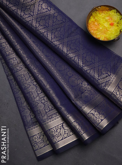 Semi soft silk saree navy blue with allover zari woven brocade weaves -Without blouse