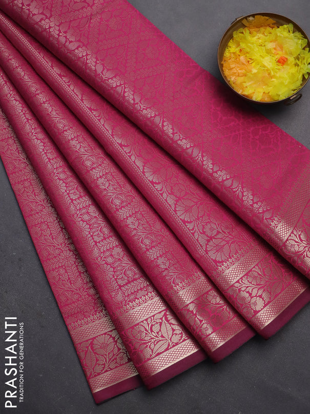 Semi soft silk saree magenta pink with allover zari woven brocade weaves -Without blouse