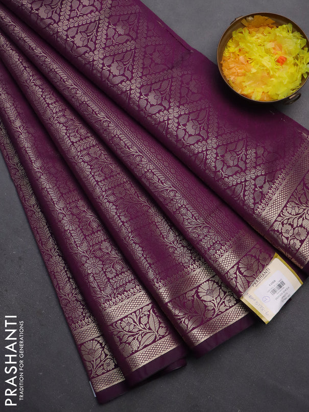 Semi soft silk saree deep purple with allover zari woven brocade weaves -Without blouse