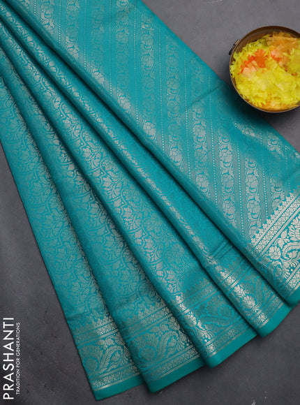 Semi soft silk saree teal blue with allover zari woven brocade weaves -Without blouse