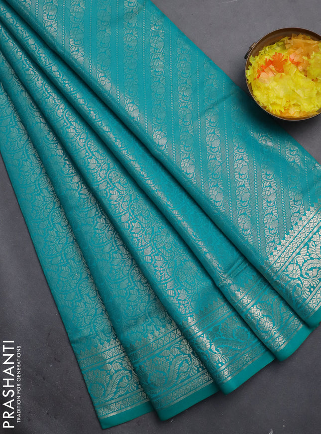 Semi soft silk saree teal blue with allover zari woven brocade weaves -Without blouse
