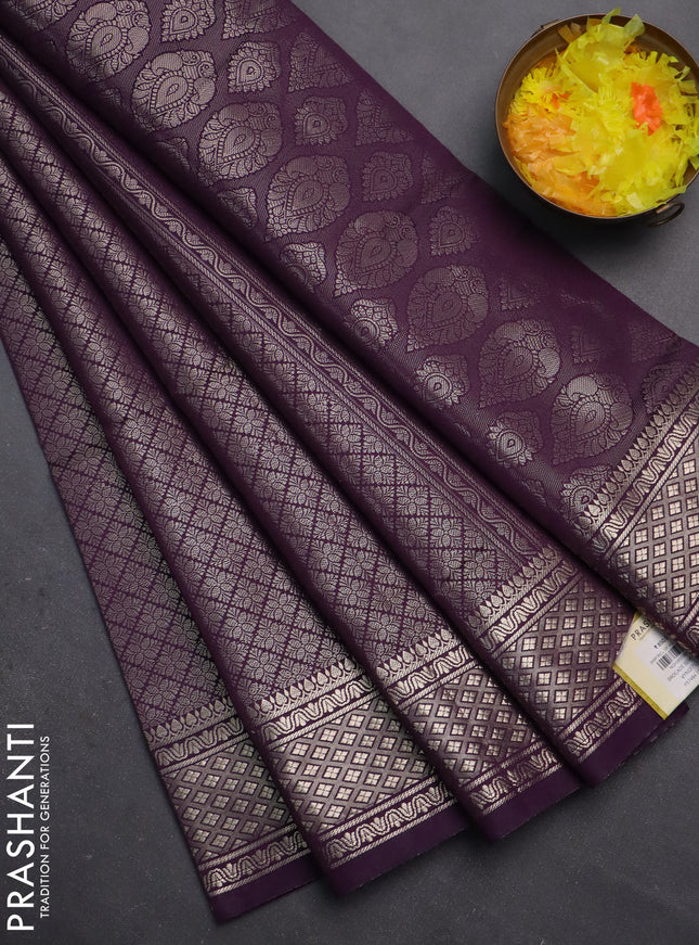 Semi soft silk saree deep violet with allover zari woven brocade weaves -Without blouse