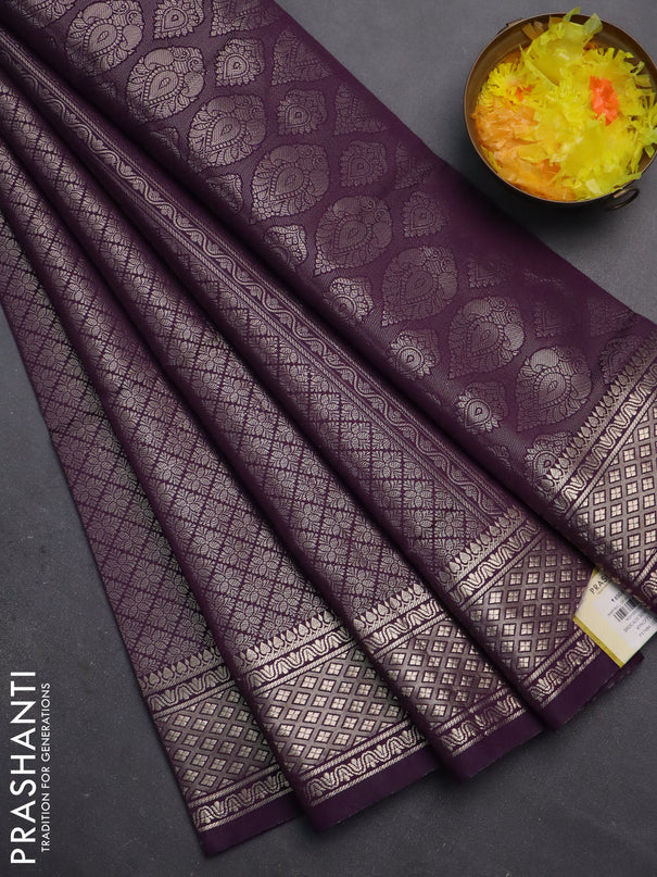 Semi soft silk saree deep violet with allover zari woven brocade weaves -Without blouse