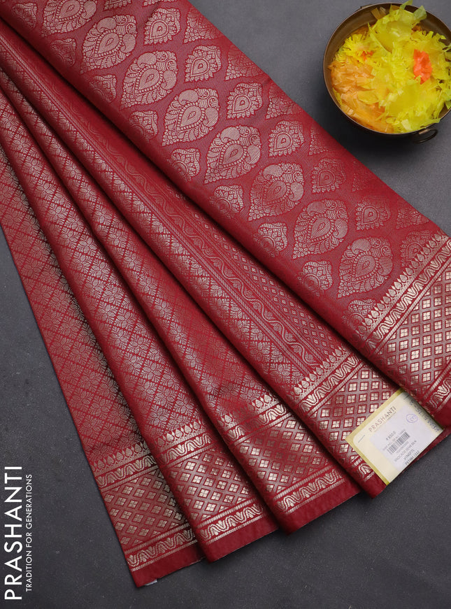 Semi soft silk saree maroon with allover zari woven brocade weaves -Without blouse