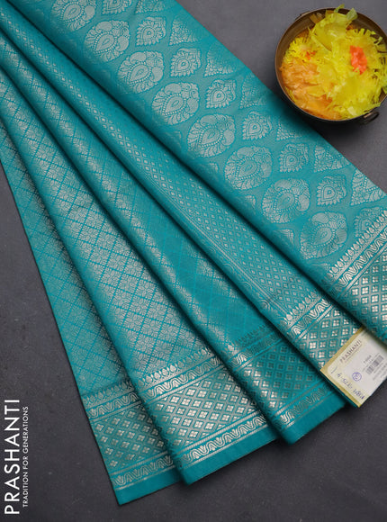 Semi soft silk saree teal blue with allover zari woven brocade weaves -Without blouse