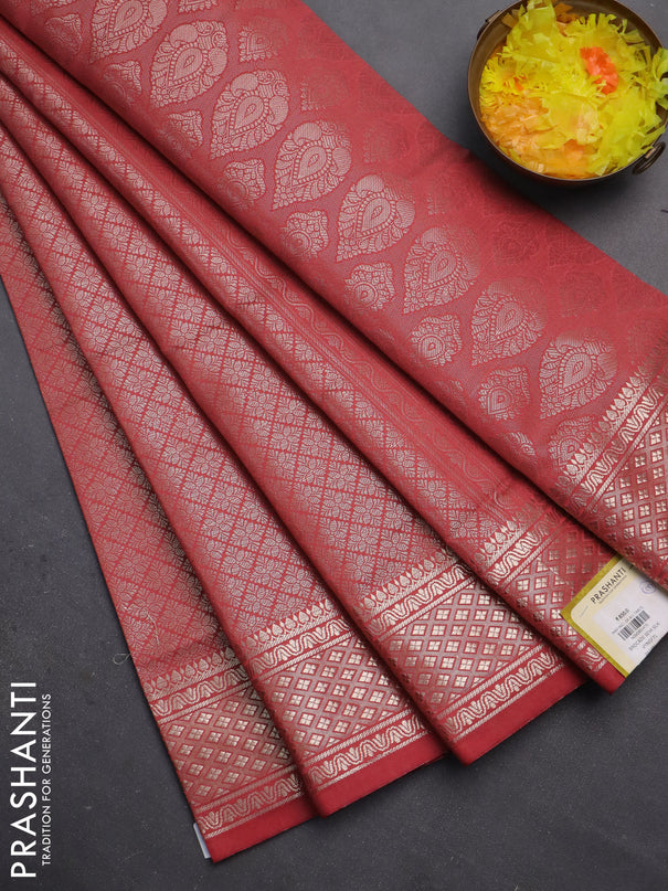 Semi soft silk saree rust shade with allover zari woven brocade weaves -Without blouse