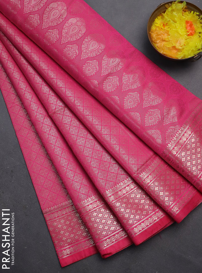 Semi soft silk saree pink with allover zari woven brocade weaves -Without blouse