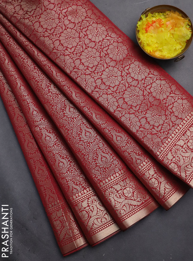 Semi soft silk saree maroon with allover zari woven brocade weaves -Without blouse