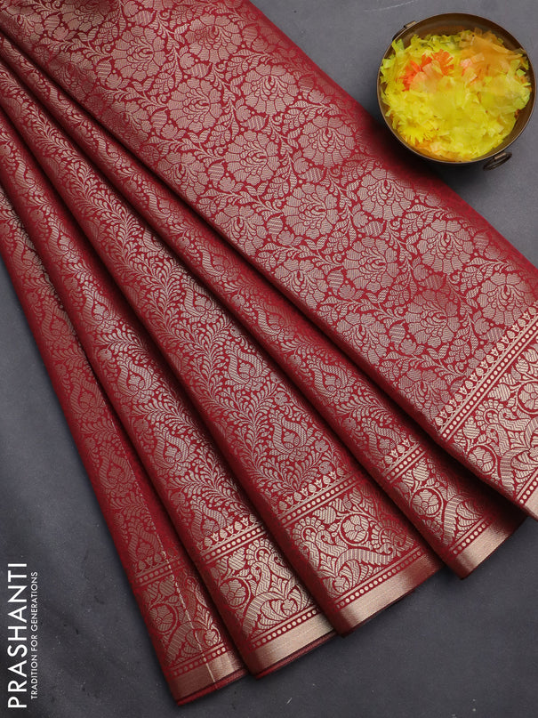 Semi soft silk saree maroon with allover zari woven brocade weaves -Without blouse