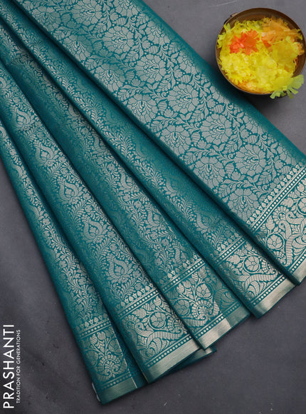 Semi soft silk saree teal blue with allover zari woven brocade weaves -Without blouse