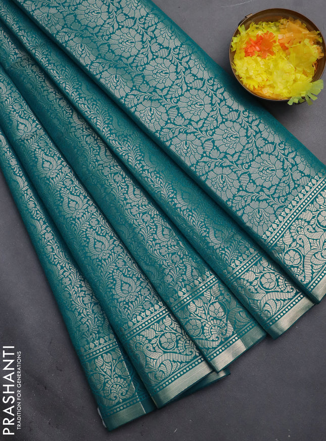 Semi soft silk saree teal blue with allover zari woven brocade weaves -Without blouse