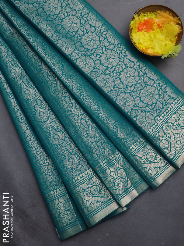 Semi soft silk saree teal blue with allover zari woven brocade weaves -Without blouse
