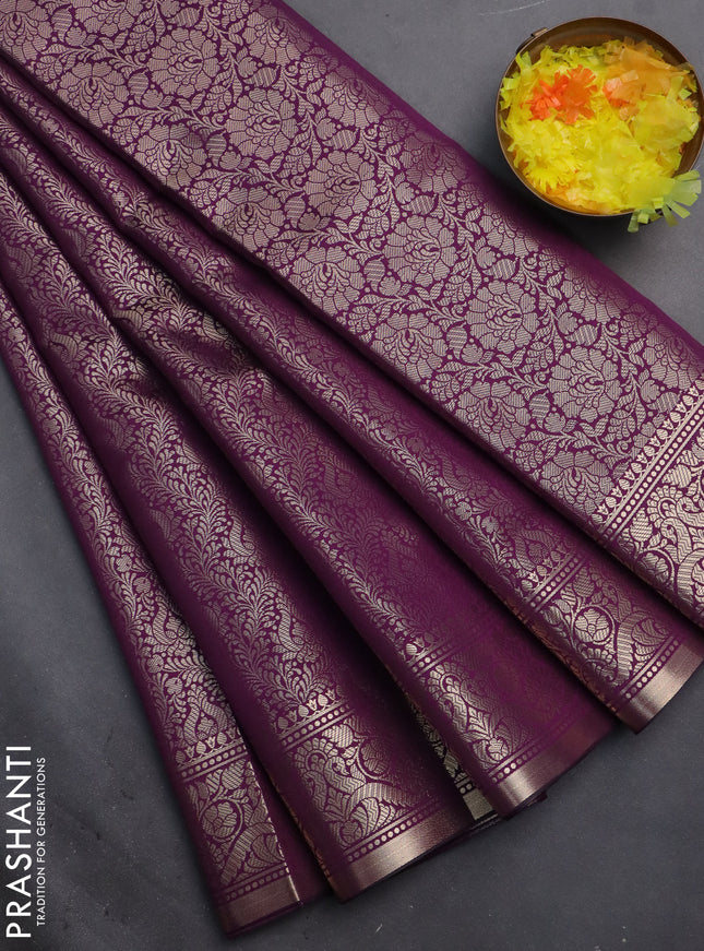 Semi soft silk saree deep purple with allover zari woven brocade weaves -Without blouse