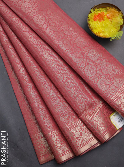 Semi soft silk saree peach pink with allover zari woven brocade weaves -Without blouse
