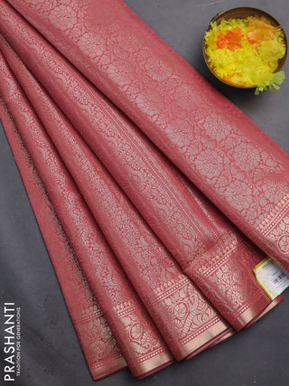 Semi soft silk saree peach pink with allover zari woven brocade weaves -Without blouse