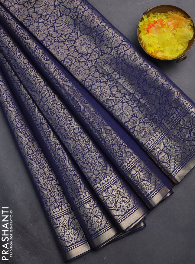 Semi soft silk saree dark blue with allover zari woven brocade weaves -Without blouse