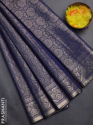 Semi soft silk saree dark blue with allover zari woven brocade weaves -Without blouse