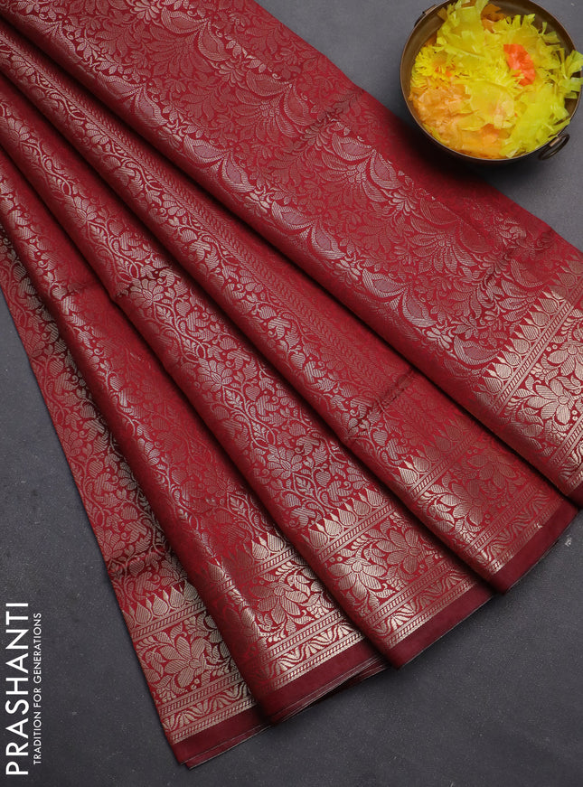 Semi soft silk saree maroon with allover zari woven brocade weaves -Without blouse