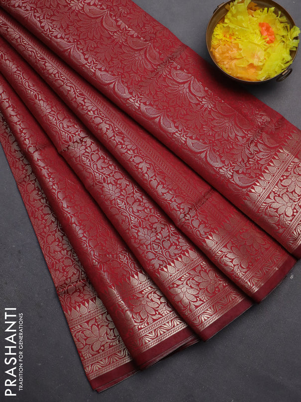 Semi soft silk saree maroon with allover zari woven brocade weaves -Without blouse