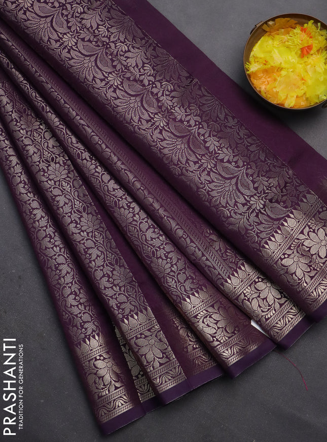 Semi soft silk saree deep purple with allover zari woven brocade weaves -Without blouse