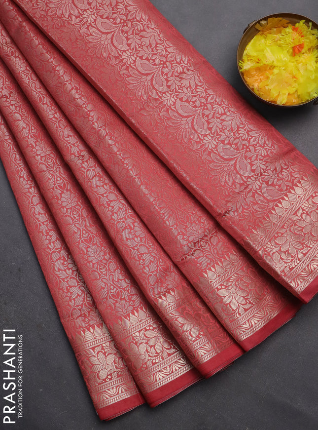 Semi soft silk saree peach shade with allover zari woven brocade weaves -Without blouse