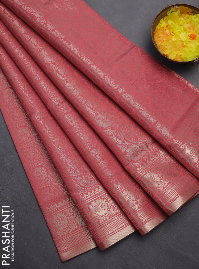 Semi soft silk saree peach pink with allover zari woven brocade weaves -Without blouse