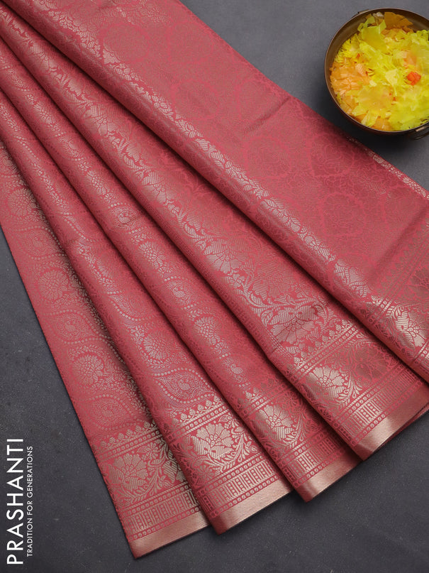 Semi soft silk saree peach pink with allover zari woven brocade weaves -Without blouse