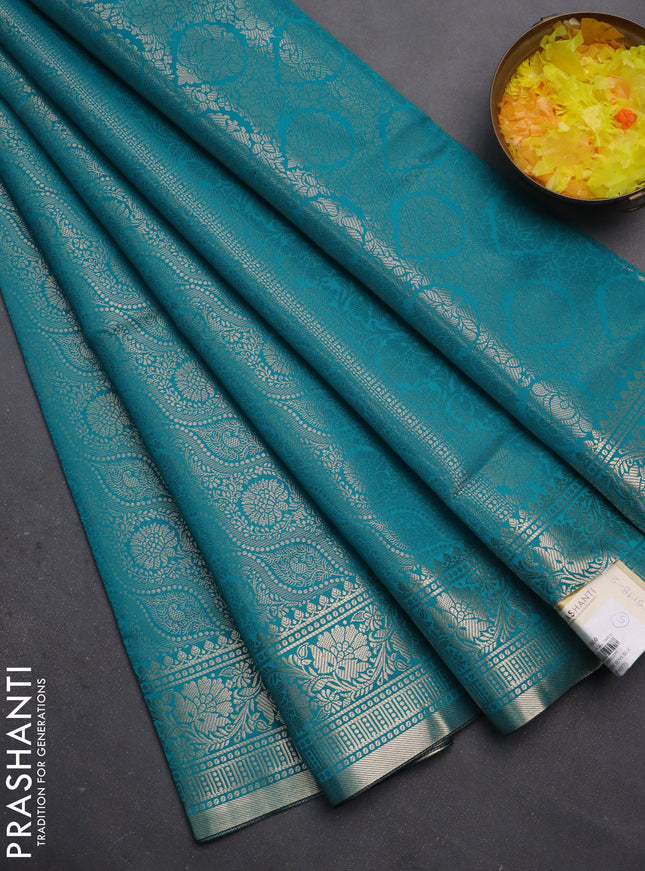 Semi soft silk saree teal blue with allover zari woven brocade weaves -Without blouse