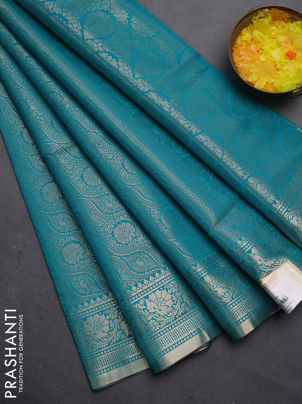 Semi soft silk saree teal blue with allover zari woven brocade weaves -Without blouse