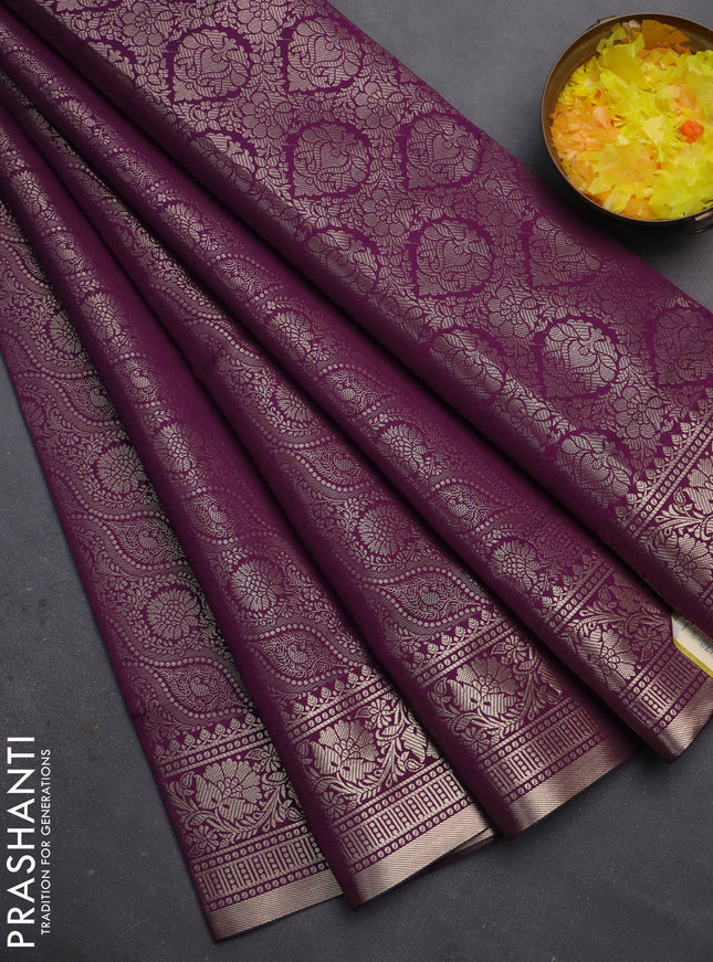 Semi soft silk saree deep purple with allover zari woven brocade weaves -Without blouse