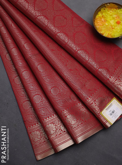 Semi soft silk saree maroon with allover zari woven brocade weaves -Without blouse